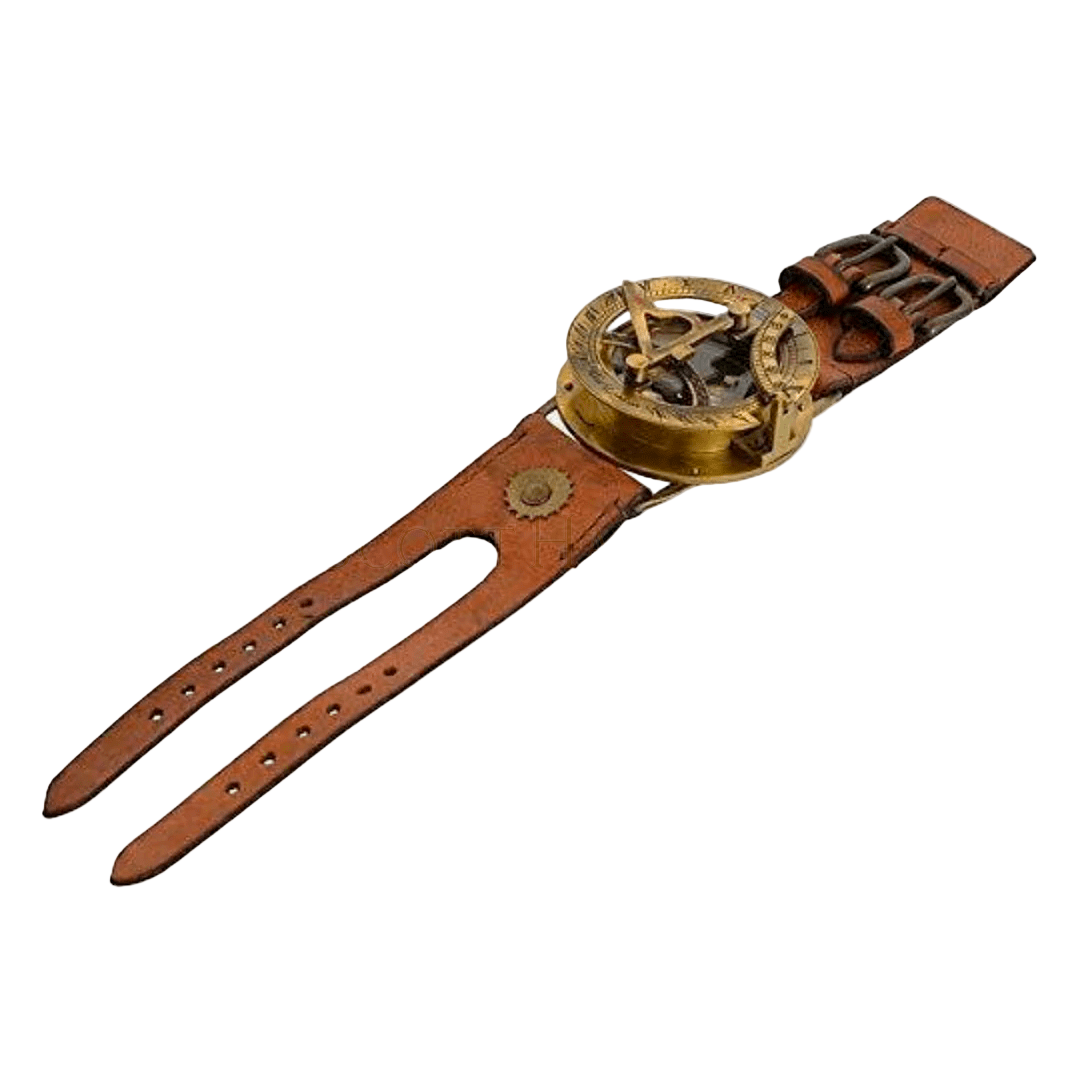 Brass Nautical Antique Steampunk Sundial Compass Wrist Watch W/Leather Bracelet.