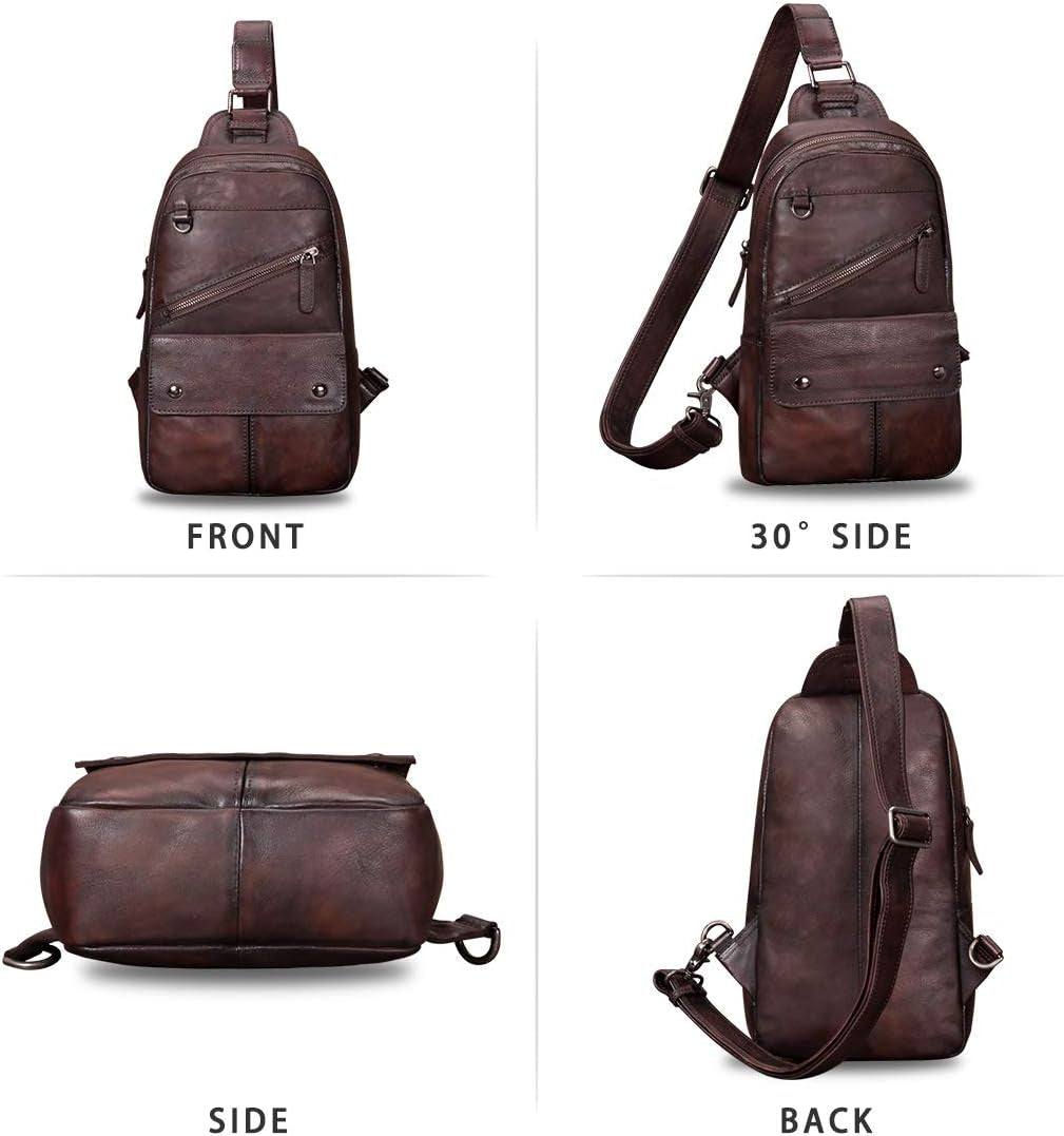 Genuine Leather Sling Bag for Men and Women Vintage Handmade Sling Backpack Shoulder Purse Crossbody Chest Bag (Coffee)