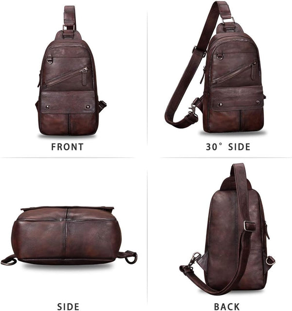Genuine Leather Sling Bag for Men and Women Vintage Handmade Sling Backpack Shoulder Purse Crossbody Chest Bag (Coffee)