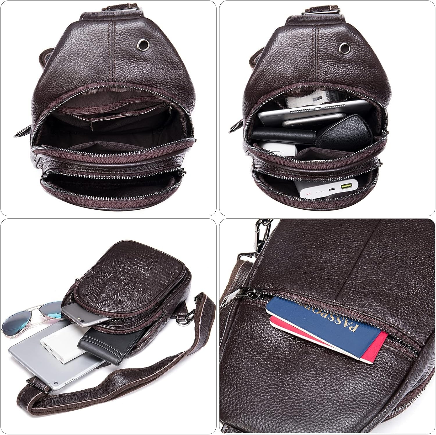 Crocodile Leather Sling Bag with Leather Strap, 3 Zipper Crossbody Shoulder Bags for Travel Hike Everyday Carry