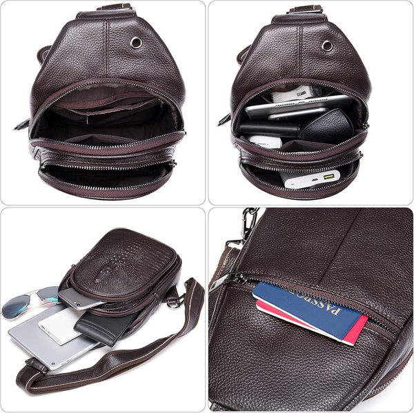 Crocodile Leather Sling Bag with Leather Strap, 3 Zipper Crossbody Shoulder Bags for Travel Hike Everyday Carry