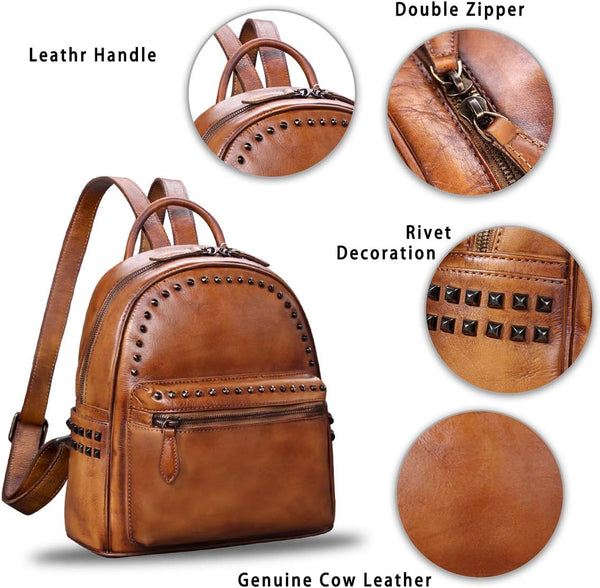 Genuine Leather Backpack for Women Vintage Real Leather Knapsack Purse Shoulder Rucksack Fashion Daypack Bag (Brown)