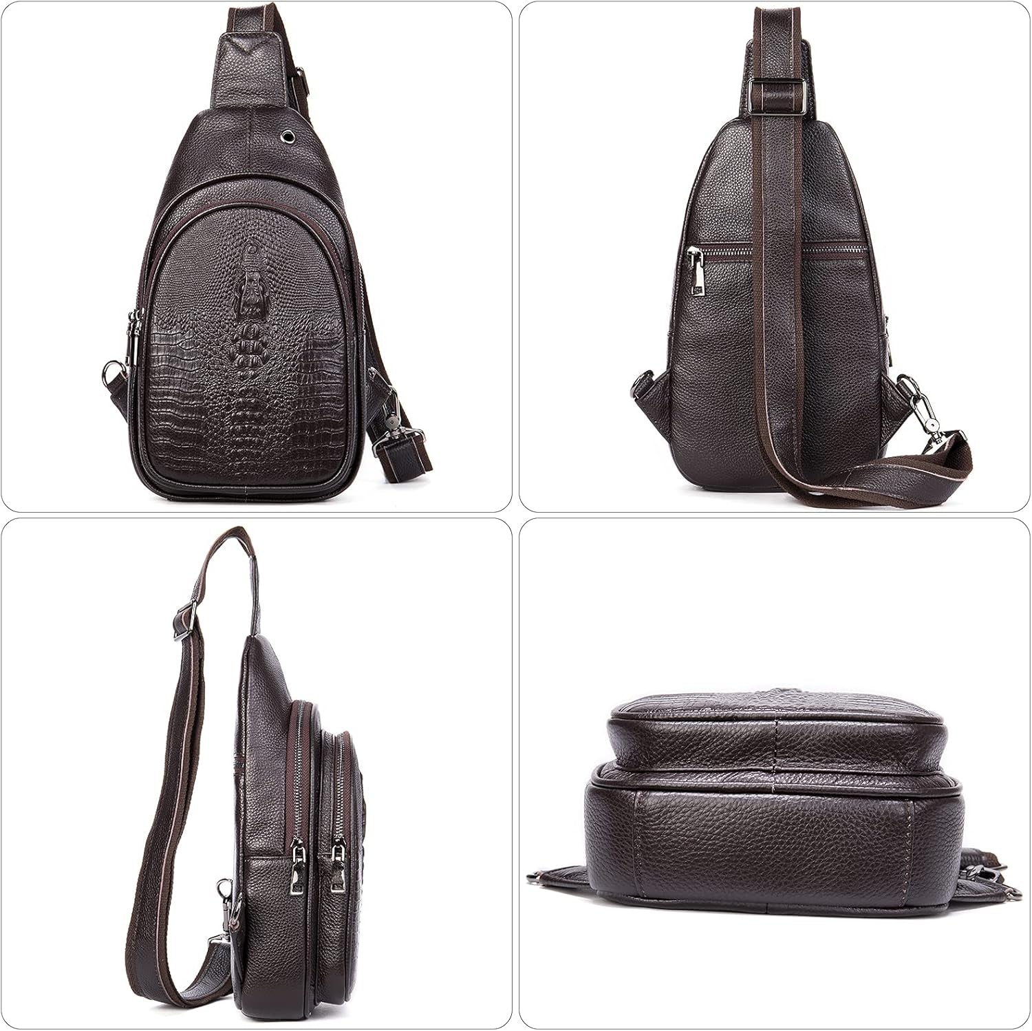 Crocodile Leather Sling Bag with Leather Strap, 3 Zipper Crossbody Shoulder Bags for Travel Hike Everyday Carry