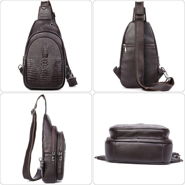 Crocodile Leather Sling Bag with Leather Strap, 3 Zipper Crossbody Shoulder Bags for Travel Hike Everyday Carry