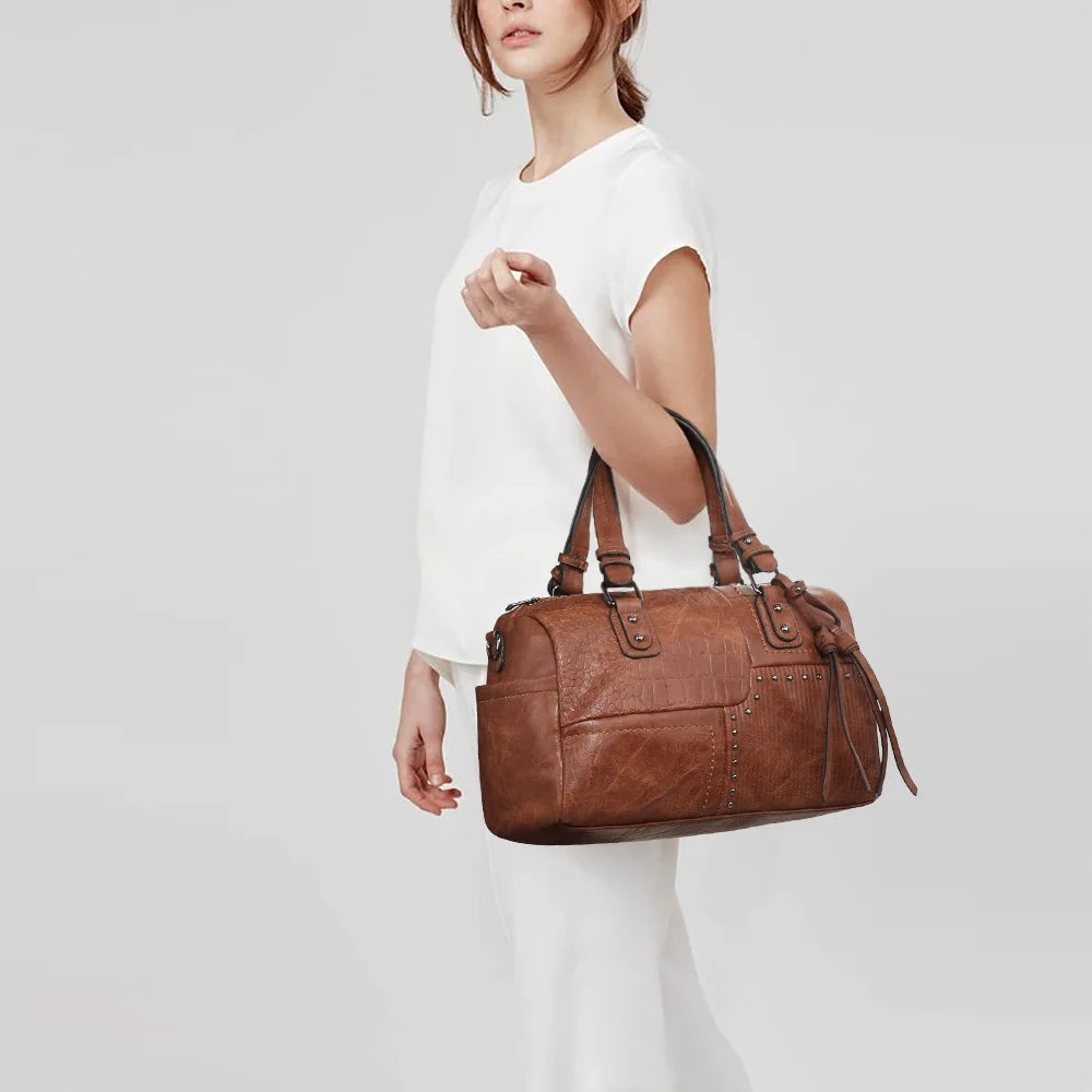 Women Soft Vegan Leather Barrel Bags Large Top Handle Totes Satchel Handbags Shoulder Purse