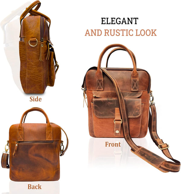 Full Grain Buff Leather Messenger Bag for Men and Women Shoulder Bags for Business|Travel|Office