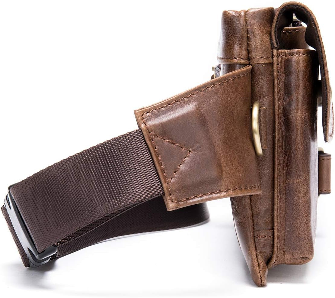 Cowhide Waist Fanny Pack-Genuine Leather and Slim with Adjustable Waistband Oil Coffee