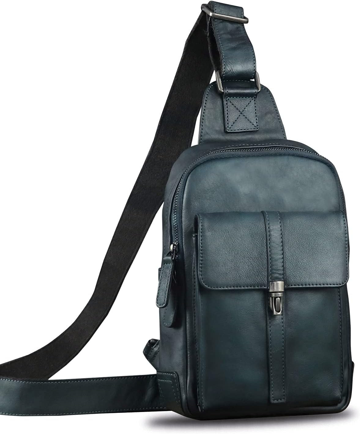 Genuine Leather Sling Bag Casual Shoulder Hiking Backpack Vintage Handmade Crossbody Bag Retro Chest Daypack (Navyblue)