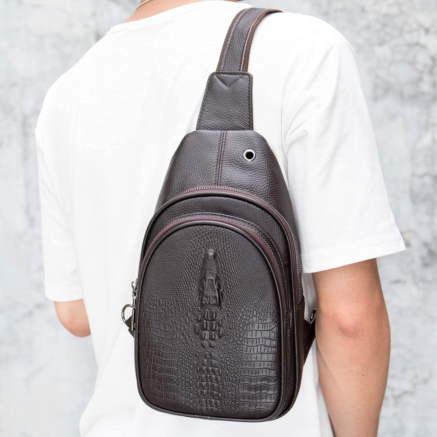 Crocodile Leather Sling Bag with Leather Strap, 3 Zipper Crossbody Shoulder Bags for Travel Hike Everyday Carry