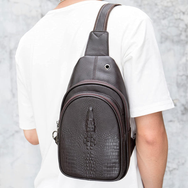 Crocodile Leather Sling Bag with Leather Strap, 3 Zipper Crossbody Shoulder Bags for Travel Hike Everyday Carry