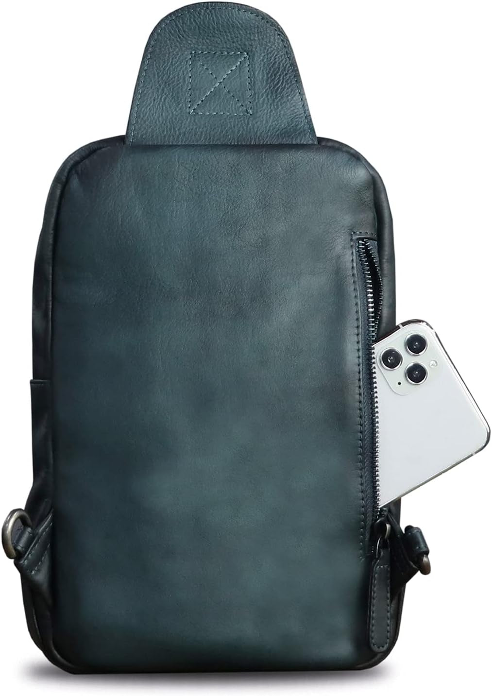 Genuine Leather Sling Bag Casual Shoulder Hiking Backpack Vintage Handmade Crossbody Bag Retro Chest Daypack (Navyblue)