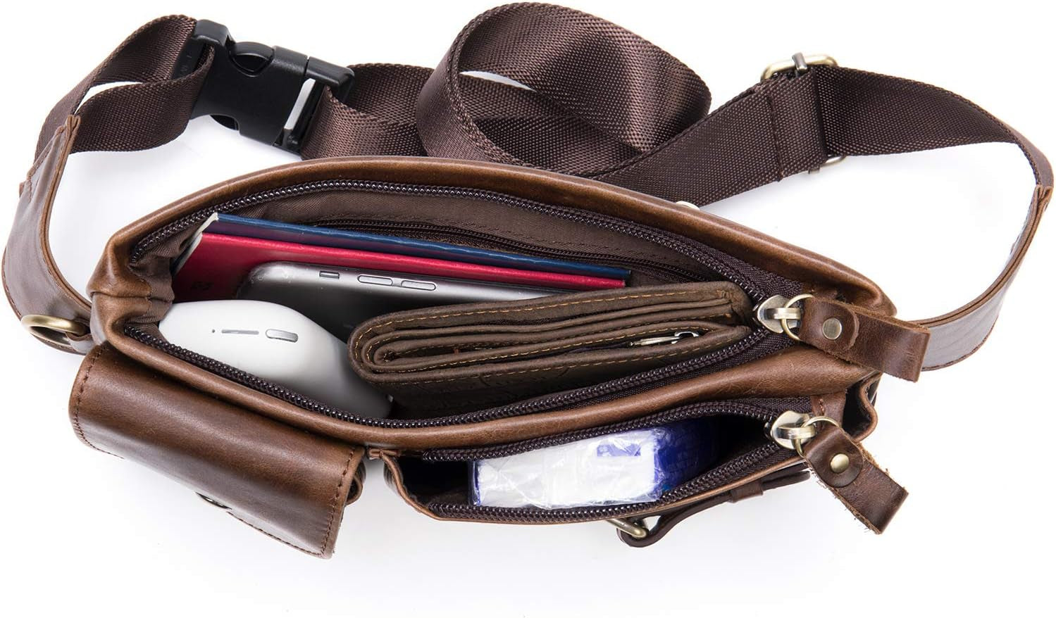 Cowhide Waist Fanny Pack-Genuine Leather and Slim with Adjustable Waistband Oil Coffee