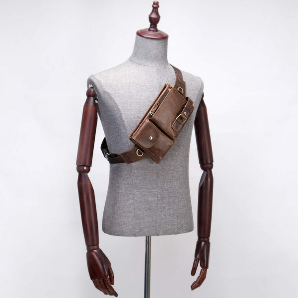 Cowhide Waist Fanny Pack-Genuine Leather and Slim with Adjustable Waistband Oil Coffee