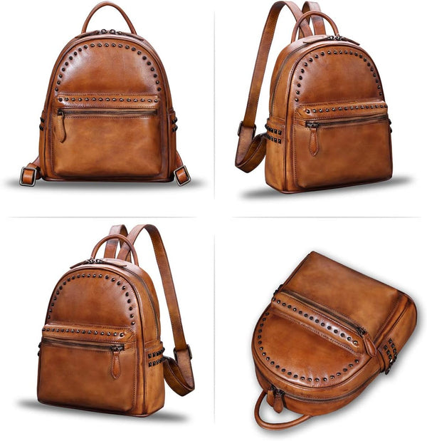 Genuine Leather Backpack for Women Vintage Real Leather Knapsack Purse Shoulder Rucksack Fashion Daypack Bag (Brown)