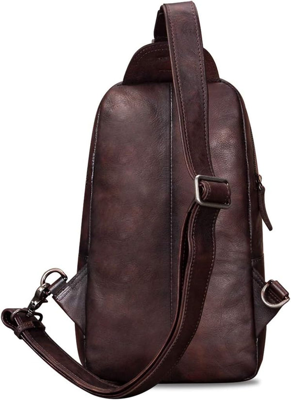 Genuine Leather Sling Bag for Men and Women Vintage Handmade Sling Backpack Shoulder Purse Crossbody Chest Bag (Coffee)