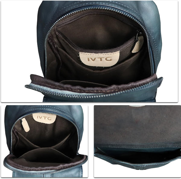 Genuine Leather Sling Bag Casual Shoulder Hiking Backpack Vintage Handmade Crossbody Bag Retro Chest Daypack (Navyblue)