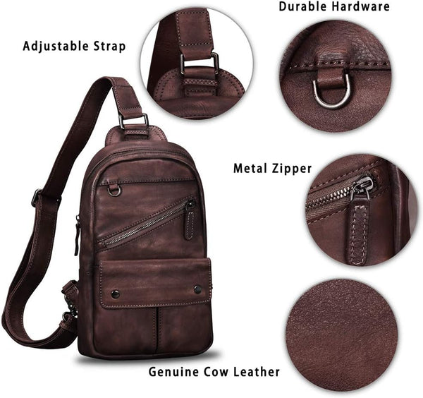 Genuine Leather Sling Bag for Men and Women Vintage Handmade Sling Backpack Shoulder Purse Crossbody Chest Bag (Coffee)