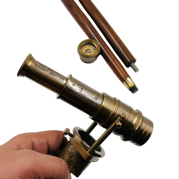 Vintage Telescope Walking Stick with Working Brass Telescope & Compass – 3-in-1 Collapsible Design Antique Finish