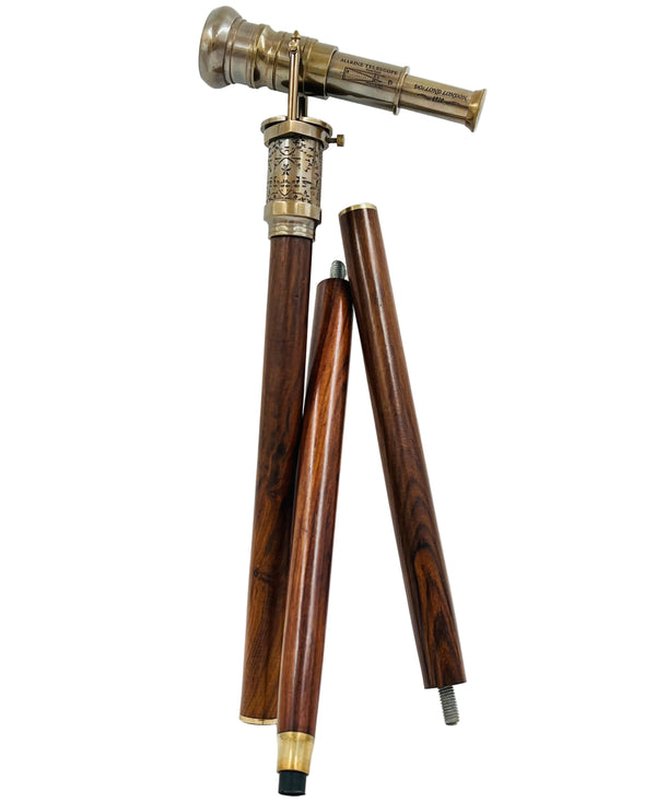 Vintage Telescope Walking Stick with Working Brass Telescope & Compass – 3-in-1 Collapsible Design Antique Finish