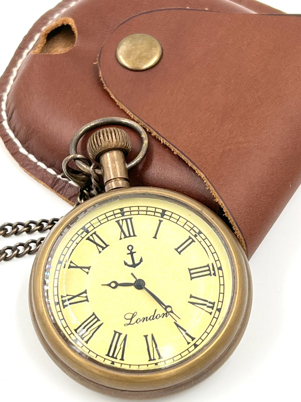 Victoria London Antiqued Brass Pocket Watch – Timeless Elegance in a Leather Case