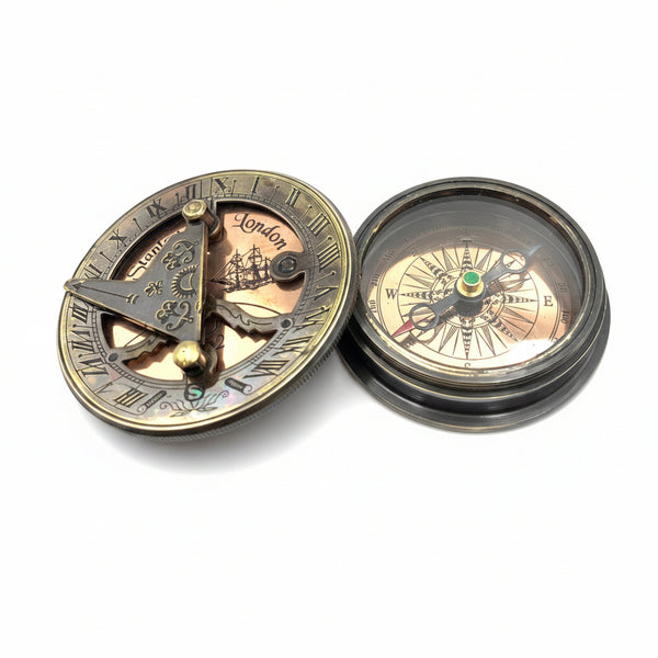 Handcrafted Stanley London Replica sundial compass with wooden box