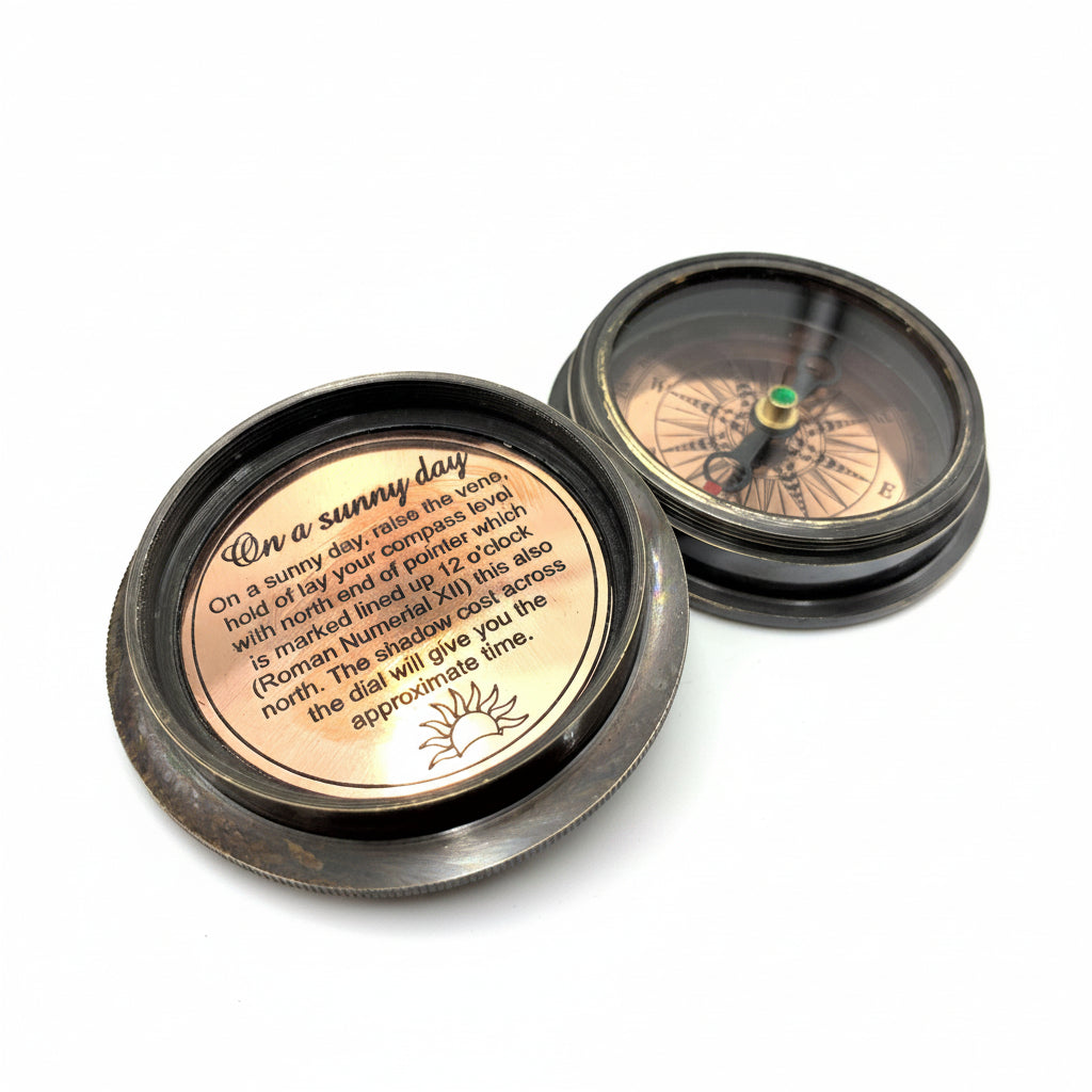 Handcrafted Stanley London Replica sundial compass with wooden box