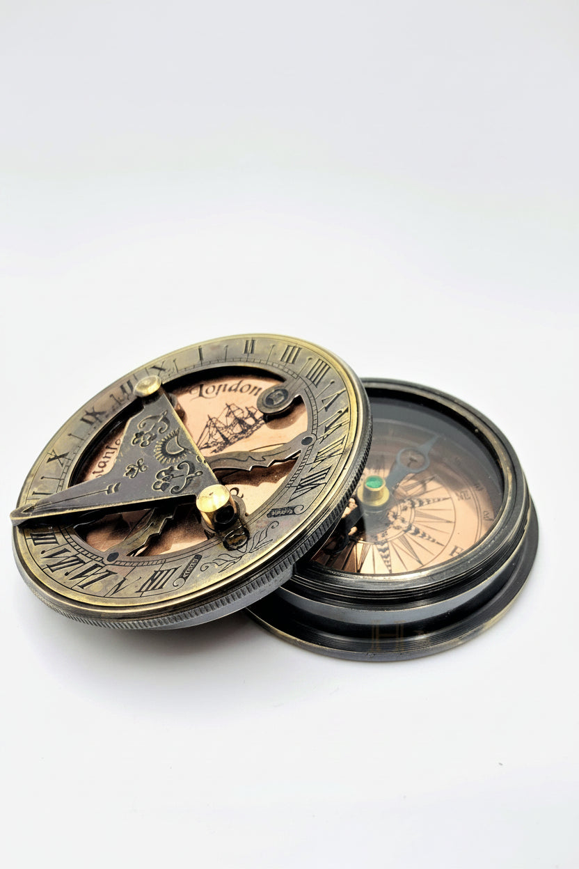 Handcrafted Stanley London Replica sundial compass with wooden box