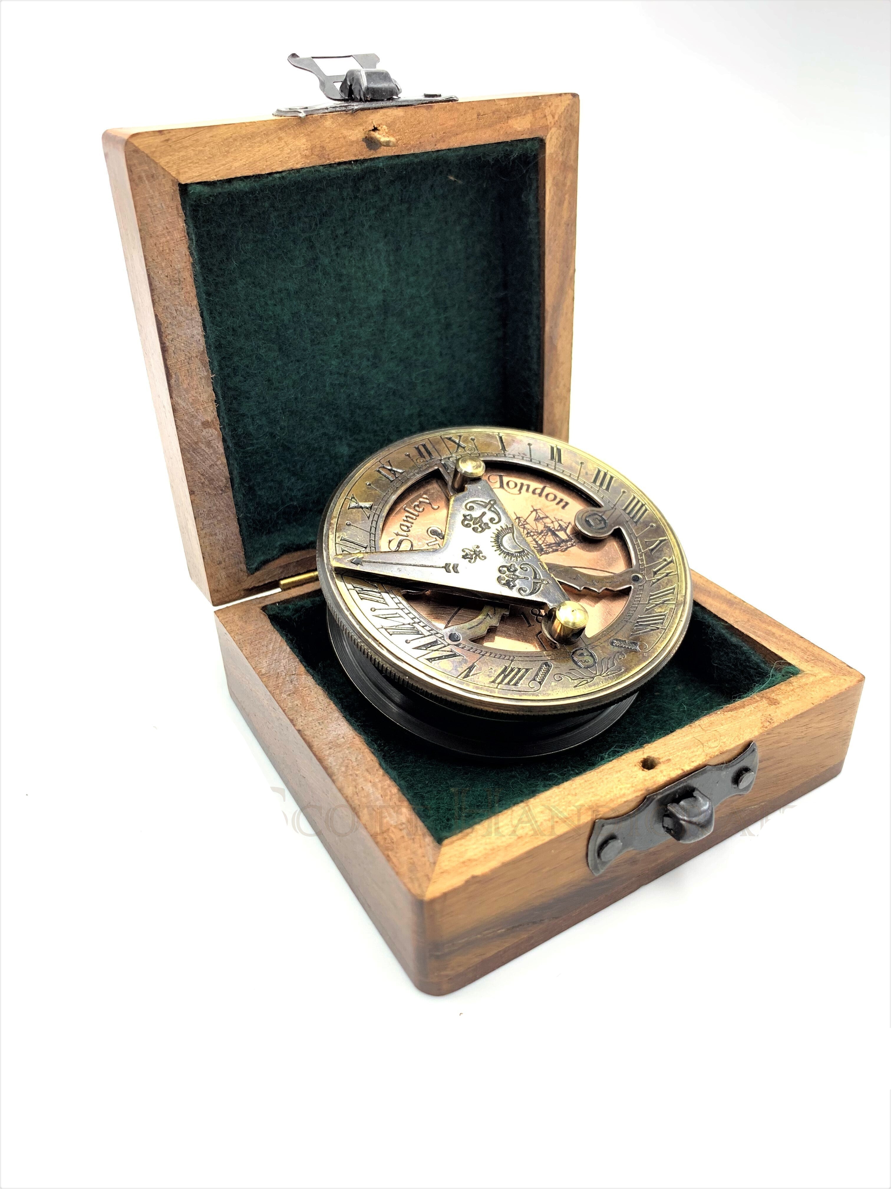 Handcrafted Stanley London Replica sundial compass with wooden box