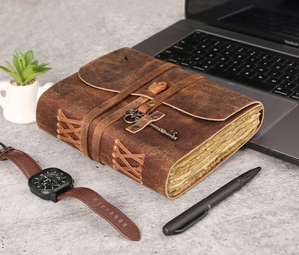 Leather Journal with Lined Deckle Edge Paper 8X6 Inch and Vintage Key/ Handmade Writing Notebook Diary/ Bound Daily Notepad for Men & Women Medium, Sketch/Writing Pad, Gift for Artists