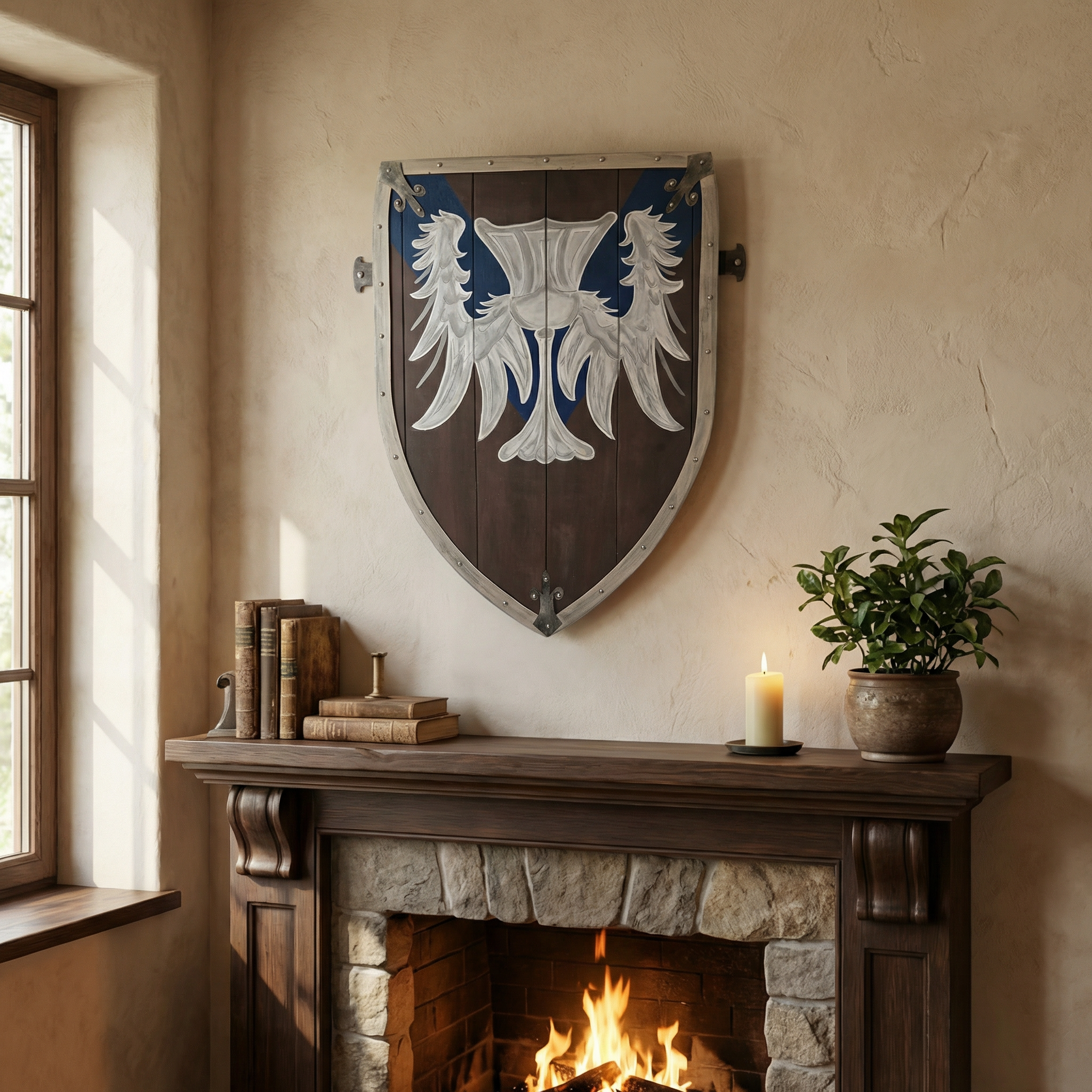 Handcrafted Medieval Winged Crest Shield – Vintage Wooden Wall Decor