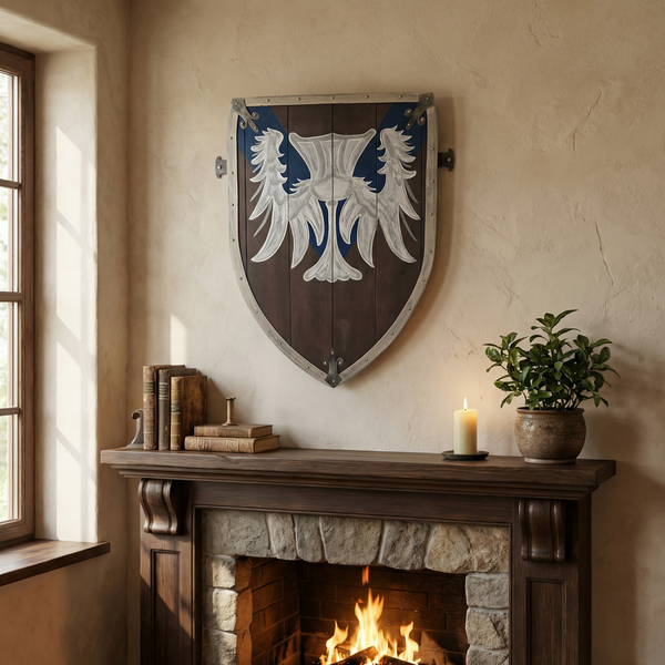 Handcrafted Medieval Winged Crest Shield – Vintage Wooden Wall Decor
