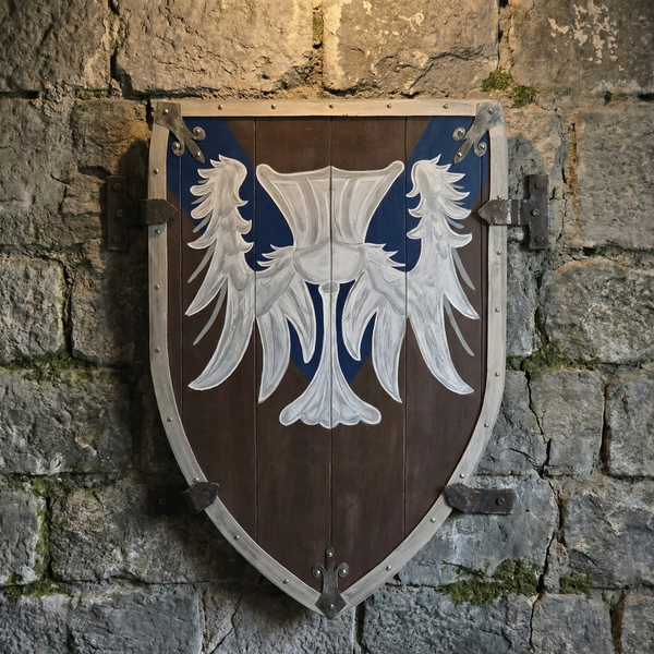 Handcrafted Medieval Winged Crest Shield – Vintage Wooden Wall Decor