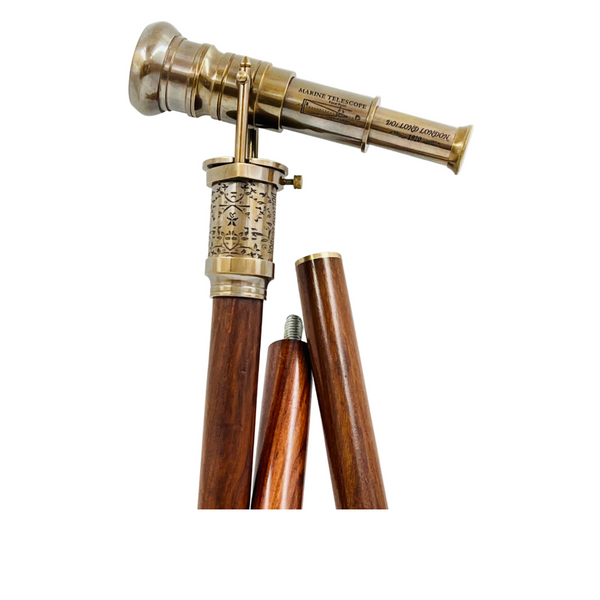 Vintage Telescope Walking Stick with Working Brass Telescope & Compass – 3-in-1 Collapsible Design Antique Finish