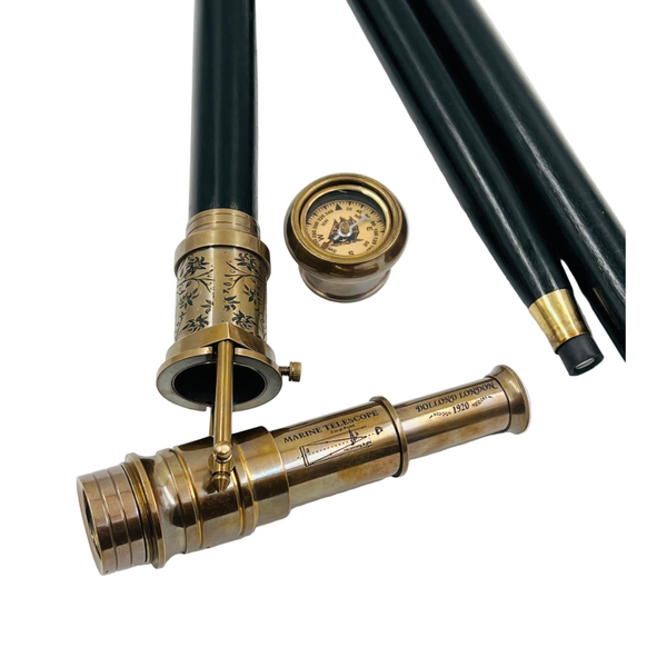 Vintage Telescope Walking Stick with Working Brass Telescope & Compass – 3-in-1 Collapsible Design Antique Finish