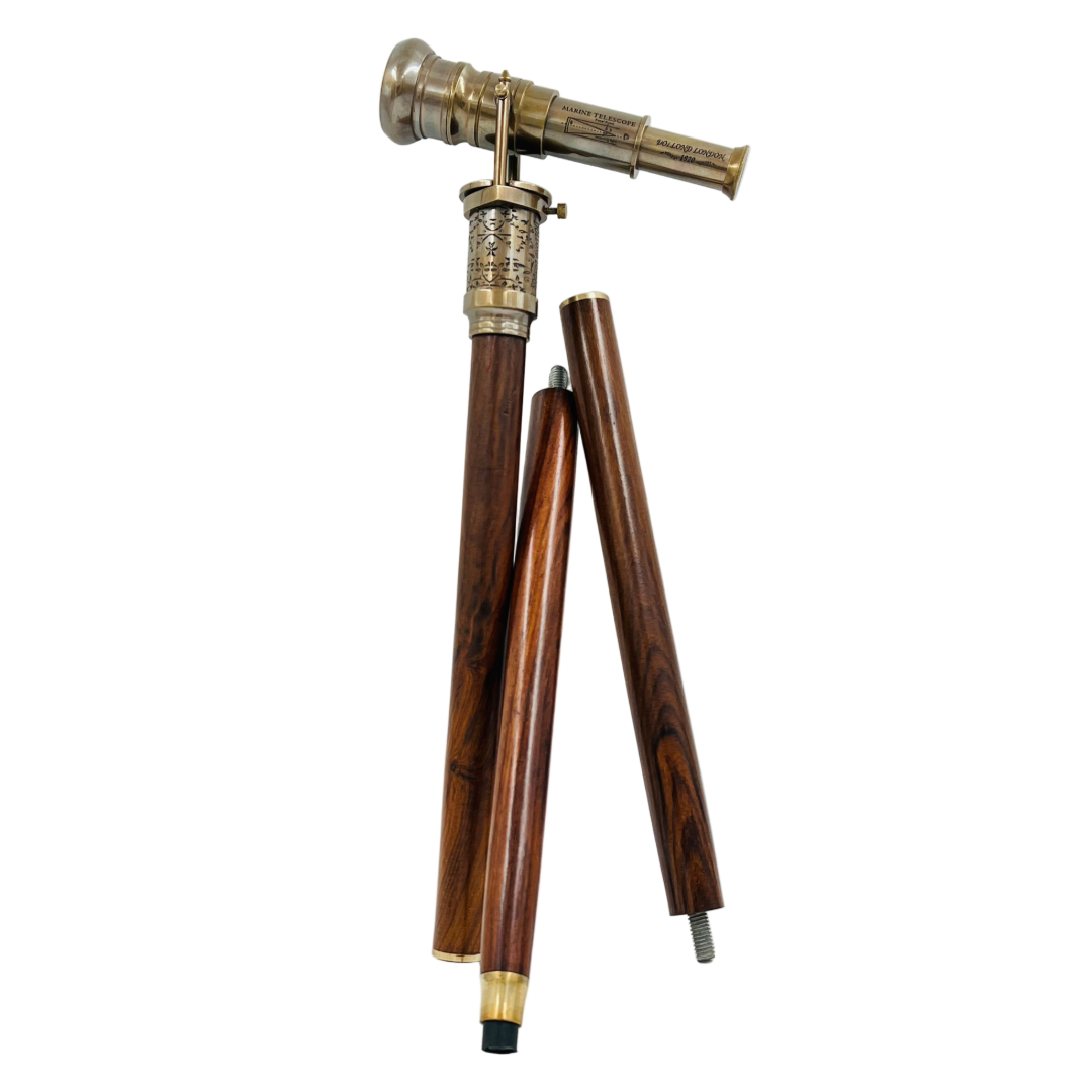 Vintage Telescope Walking Stick with Working Brass Telescope & Compass – 3-in-1 Collapsible Design Antique Finish