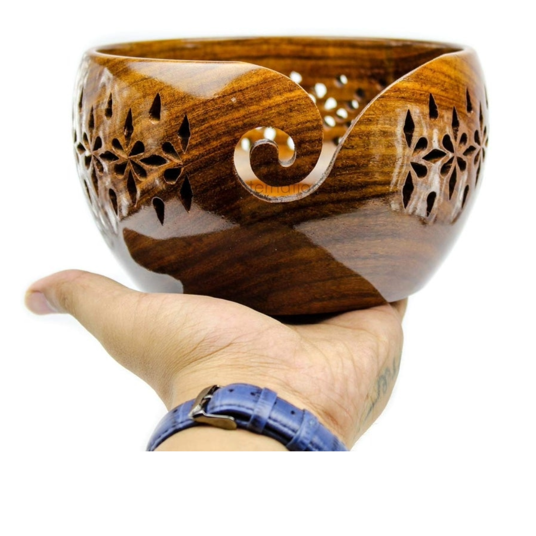 Rosewood Crafted Wooden Yarn Bowl with Carved Holes & Drills.