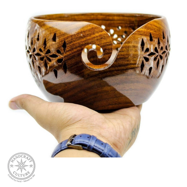 Rosewood Crafted Wooden Yarn Bowl with Carved Holes & Drills.
