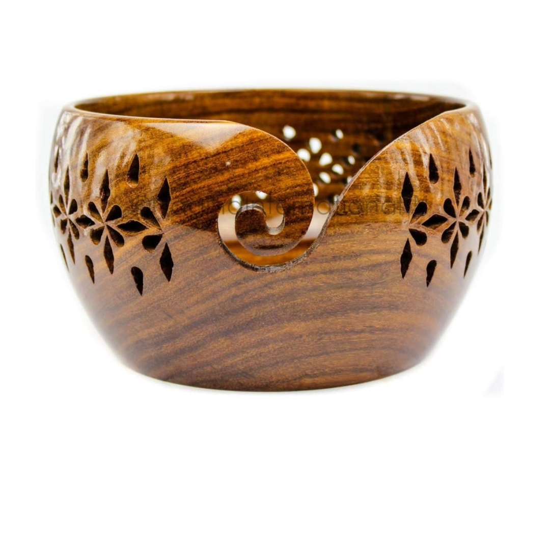 Rosewood Crafted Wooden Yarn Bowl with Carved Holes & Drills.
