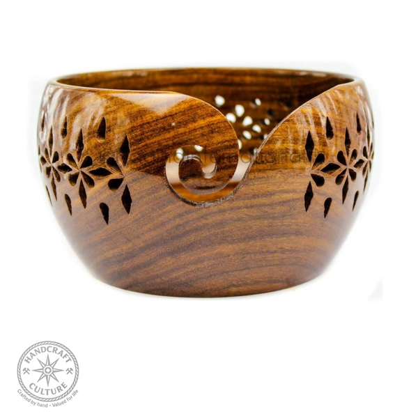 Rosewood Crafted Wooden Yarn Bowl with Carved Holes & Drills.