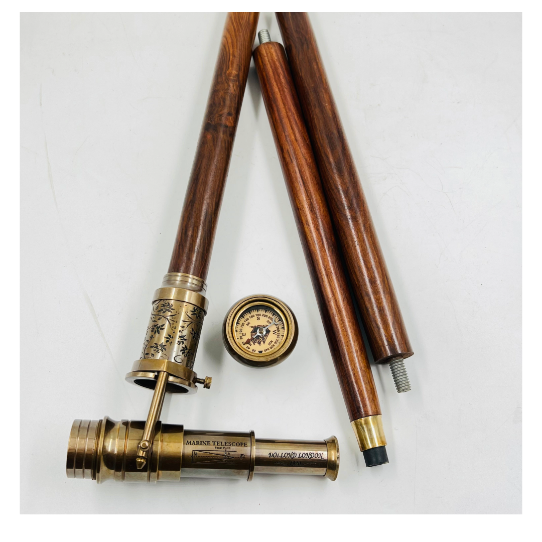 Vintage Telescope Walking Stick with Working Brass Telescope & Compass – 3-in-1 Collapsible Design Antique Finish