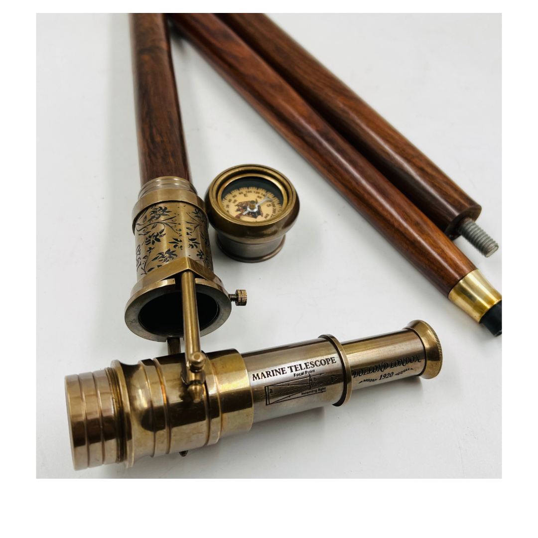 Vintage Telescope Walking Stick with Working Brass Telescope & Compass – 3-in-1 Collapsible Design Antique Finish