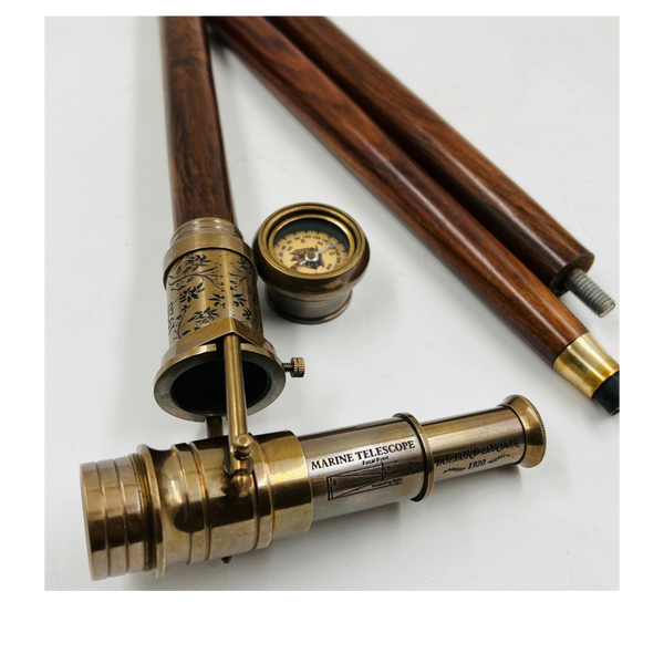 Vintage Telescope Walking Stick with Working Brass Telescope & Compass – 3-in-1 Collapsible Design Antique Finish