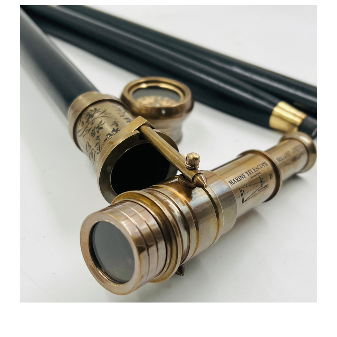 Vintage Telescope Walking Stick with Working Brass Telescope & Compass – 3-in-1 Collapsible Design Antique Finish