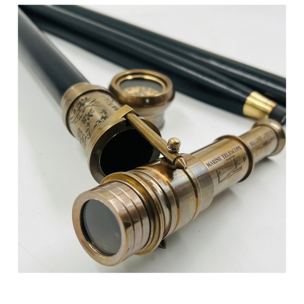 Vintage Telescope Walking Stick with Working Brass Telescope & Compass – 3-in-1 Collapsible Design Antique Finish
