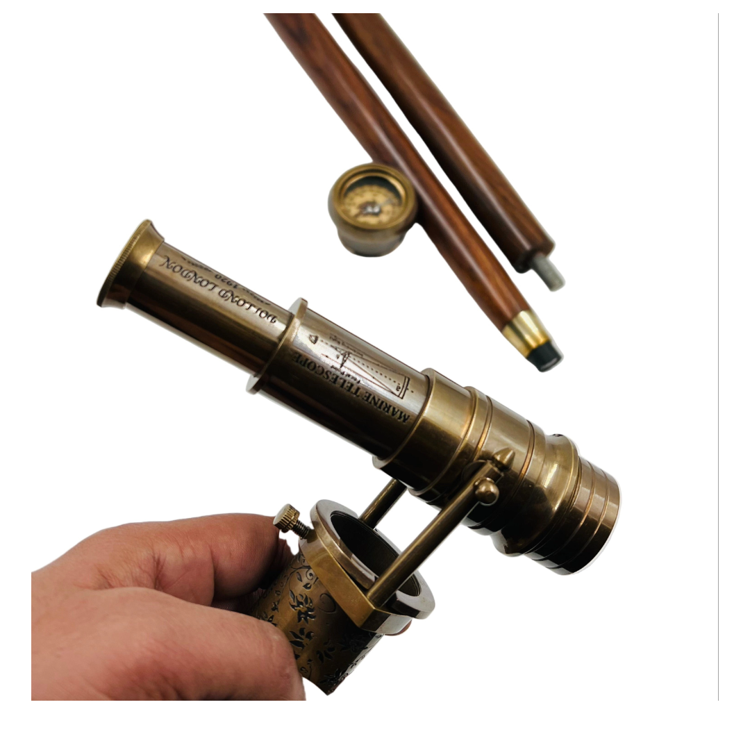 Vintage Telescope Walking Stick with Working Brass Telescope & Compass – 3-in-1 Collapsible Design Antique Finish