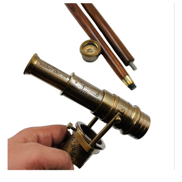 Vintage Telescope Walking Stick with Working Brass Telescope & Compass – 3-in-1 Collapsible Design Antique Finish