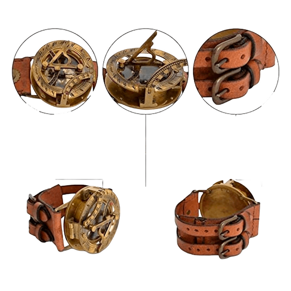 Brass Nautical Antique Steampunk Sundial Compass Wrist Watch W/Leather Bracelet.