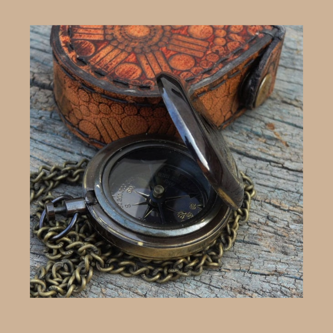 Compass Locket Sundial – Antique Brass Pendant with leather bag