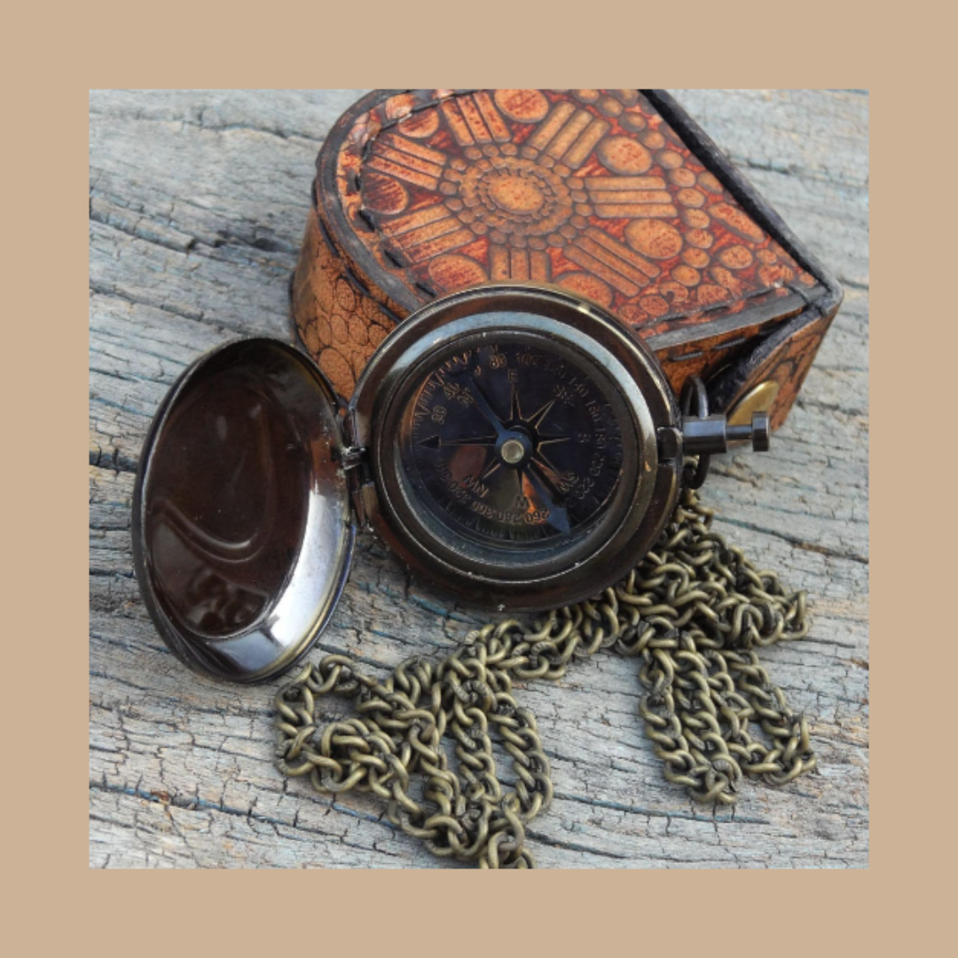 Compass Locket Sundial – Antique Brass Pendant with leather bag