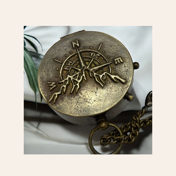 Handcrafted Brass Compass Explorer’s Essential with Chain & Leather Case – Personalizable